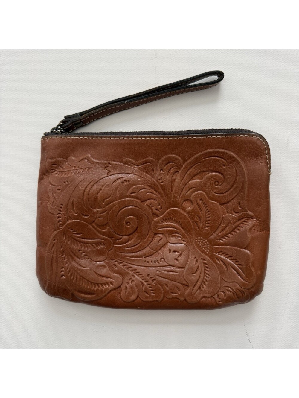Patricia Nash Brown Leather Wristlet Clutch Tooled Floral Embossed Zip Pouch